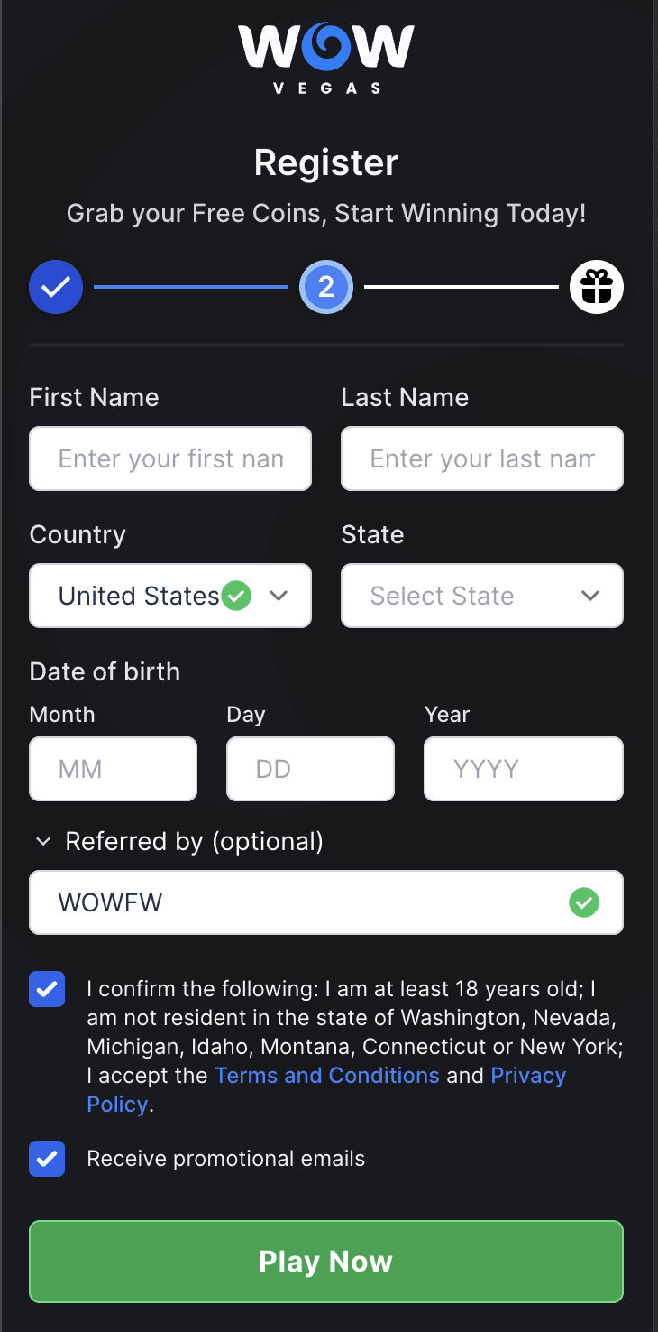 WOW Vegas referral code sign up